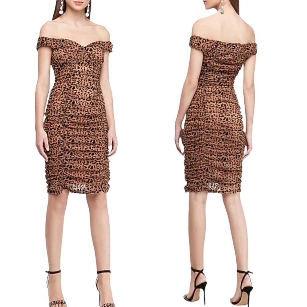 Express Ruched Sheath Leopard Print Off Shoulder Fitted Dress XXS